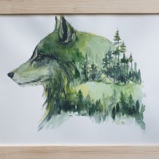 Akwarela ręcznie malowana Wilk las pejzaż góry z ramą
