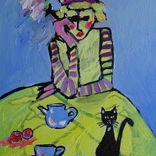 obraz do salonu olejny babcia z kotem