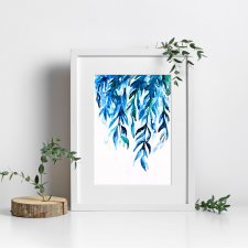 Akwarela oryginalna A4 "Salix", botaniczna, niebieskie liście, wierzba