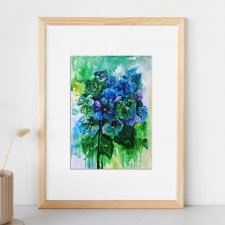 Akwarela oryginalna A4 "Hortensja Multicolor", obraz botaniczny, niebieskie płatki, zielone, różowe, hydrangea, wielokolorowy