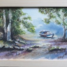 Obraz akwarelowy ręcznie malowany pejzaż łódki+rama