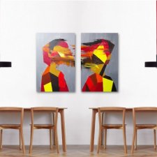 Akryl -Dyptyk- dwa obrazy on i ona modern, obraz 2x 40 x 60cm, multikolor, minimalistyczne trójkąty, szary, czerwony, żółty, transcendencja