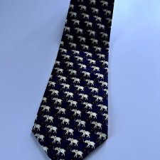 Krawat 100 % jedwab naturalny RENÉ CHAGAL ze słoniami na szczęście granatowy beżowy