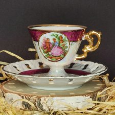 Trevres Porcelaine mała filiżanka i ażurowy spodek wzór Fragonard