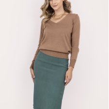 Dzianinowy sweter z dekoltem w serek - SWE345 mocca MKM