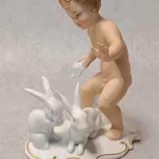 WALLENDORF Putto z z zajączkami Kolekcjonerska figurka Amorek z królikami