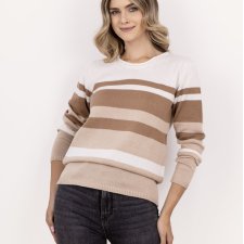 Sweter w paski z ciekawym dekoltem - SWE343 beż/ecru/mocca MKM