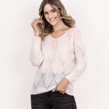 Sweter ażurowy z dekoltem w serek - SWE341 ecru MKM