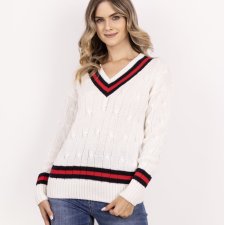 Sweter z ozdobnym dekoltem w serek - SWE304 ecru/granat/czerwony MKM