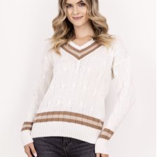 Sweter z ozdobnym dekoltem w serek - SWE304 ecru/mocca/beż MKM