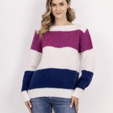 Sweter w szerokie, kontrastowe pasy - SWE290 ecru/kobalt/fuksja MKM