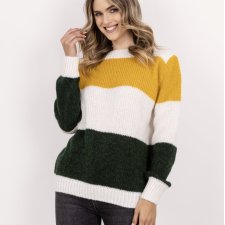 Sweter w szerokie, kontrastowe pasy - SWE290 ecru/ciemny zielony/żółty MKM