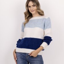 Sweter w szerokie, kontrastowe pasy - SWE290 ecru/kobalt/błękit MKM