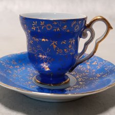 IMPORT Filiżanka Niebieska Duet Złote kwiatuszki Porcelana Piękne Ucho