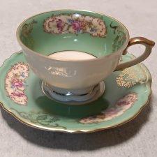 IMPORT Filiżanka Zielona Duet Złote girlandy Porcelana Piękne Bukiety