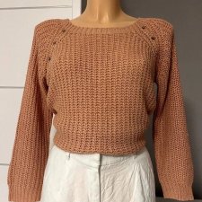 Sweter grubszy splot r.S 36/ M 38 kolor ciemny łososiowy okrągły dekolt