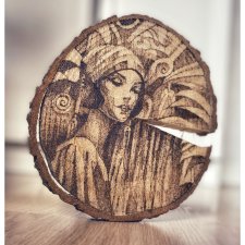 Twenties - pirografia (19x18 cm) - obraz wypalany na drewnie, woodburning, pyrography art