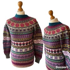 Vintage Piekny kolorowy sweter wełna norweski świąteczny zima