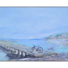 Obraz olejny 40x60 cm Jezioro Ochrydzkie rower