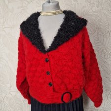 Piękny elegancki sweter vintage w czerwonym kolorze czarny kołnierz L XXL