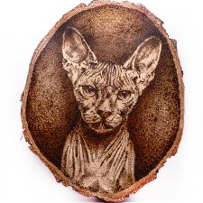 Kot Sfinks - pirografia (17x21 cm) obraz wypalany na drewnie, wyjątkowy prezent, woodburning, pyrography art