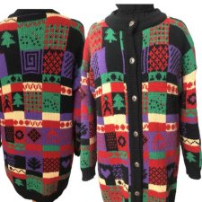 Vintage Sweter płaszcz Patchwork długi kardigan świąteczny wełna