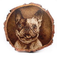 Pies Buldog francuski - pirografia (18 x 19 cm) obraz wypalany na drewnie, woodburning, pyrography art