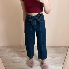 Bershka 34 XS Jeansy dżinsy ciemne granatowe z paskiem wysoki stan szerokie old money