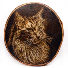 Kot Maine Coon - pirografia (18 x 19 cm) obraz wypalany ręcznie na drewnie, woodburning, pyrography art