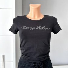 T-shirt Tommy Hilfilger XS 34 czarny ze strasami, logowana, 95% bawełna