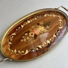 Vintage Mid Century ❤ Italian Oval Serving Tray Inlaid Wood Floral Brass Trim ❤ Taca w intarsji